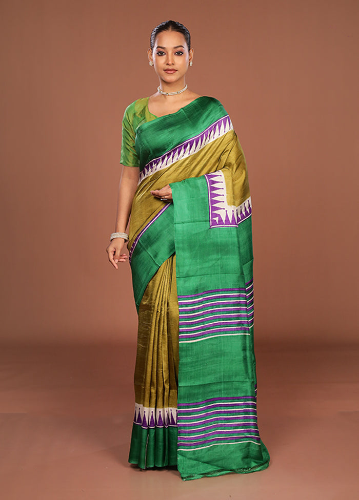 Green Printed Silk Saree Without Blouse Piece