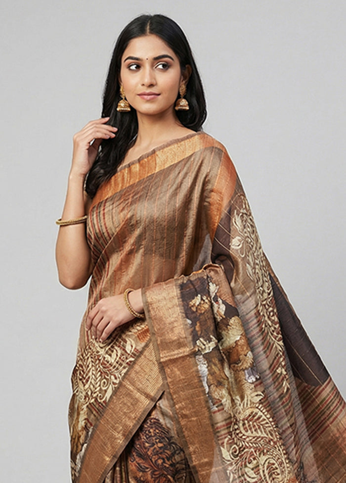 Peach Handloom Tussar Pure Silk Saree With Blouse Piece