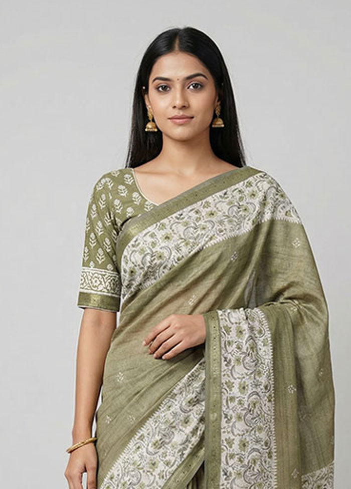 Green Tussar Silk Saree With Blouse Piece