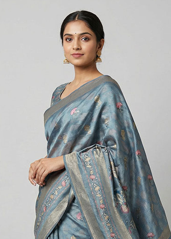Grey Dupion Silk Saree With Blouse Piece