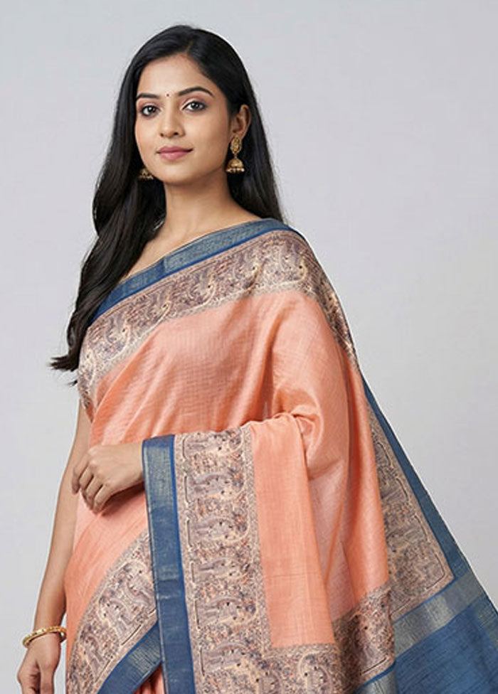 Peach Dupion Silk Saree With Blouse Piece
