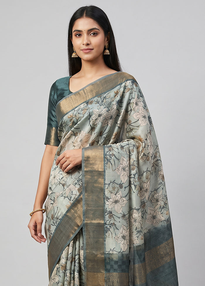 Grey Tussar Silk Saree With Blouse Piece