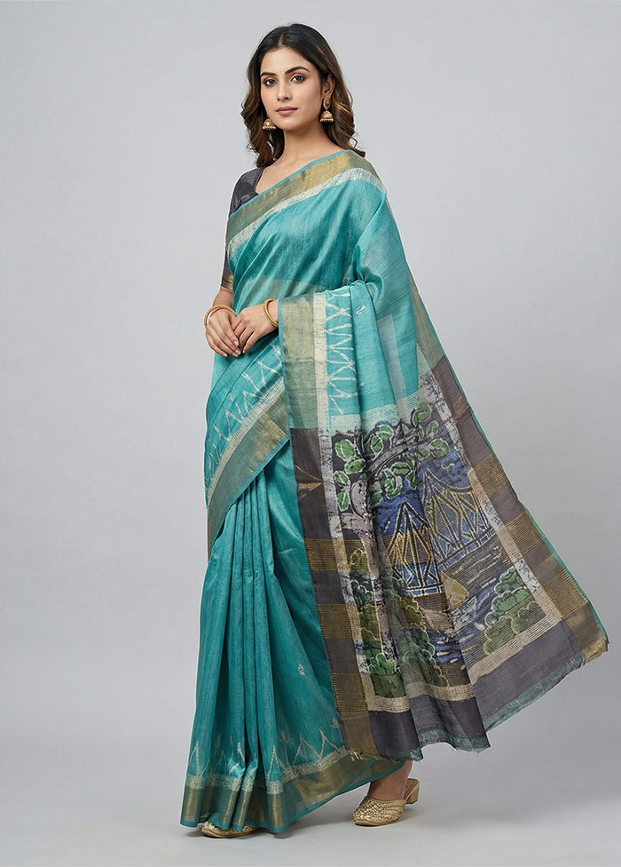 Green Handloom Tussar Pure Silk Saree With Blouse Piece