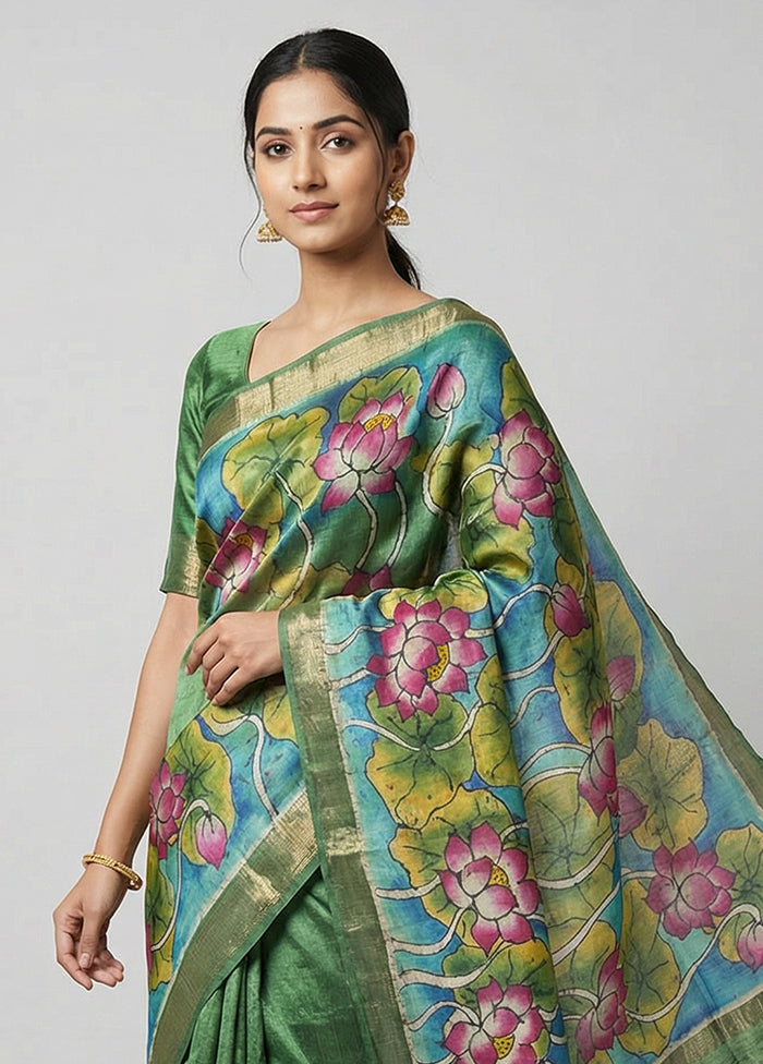 Blue Handloom Tussar Pure Silk Saree With Blouse Piece