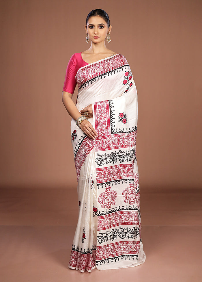 White Printed Silk Saree Without Blouse Piece