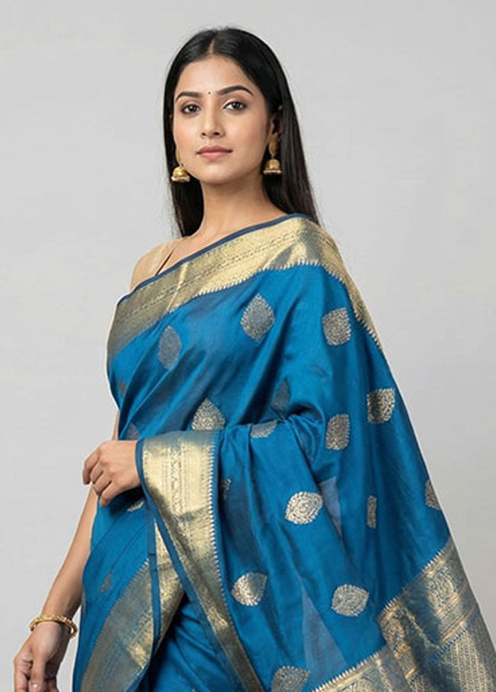 Blue Kanjivaram Silk Saree With Blouse Piece