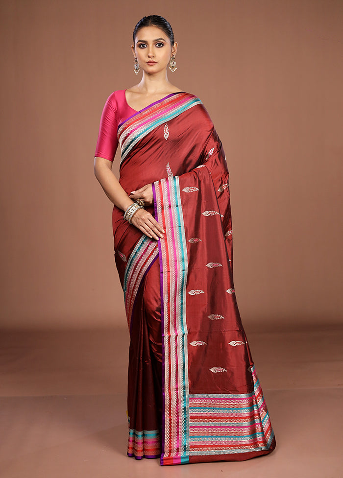 Maroon Handloom Katan Pure Silk Saree With Blouse Piece
