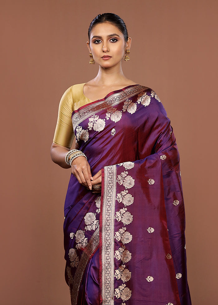 Maroon Handloom Katan Pure Silk Saree With Blouse Piece