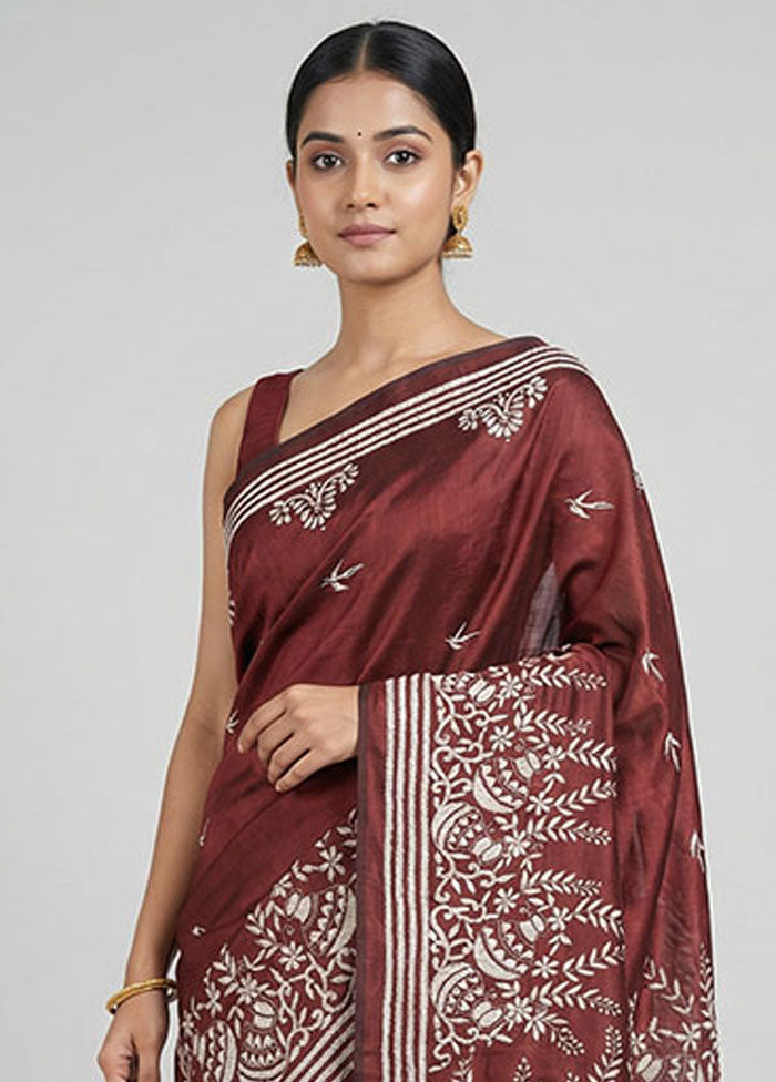 Maroon Kantha Stitch Silk Saree With Blouse Piece
