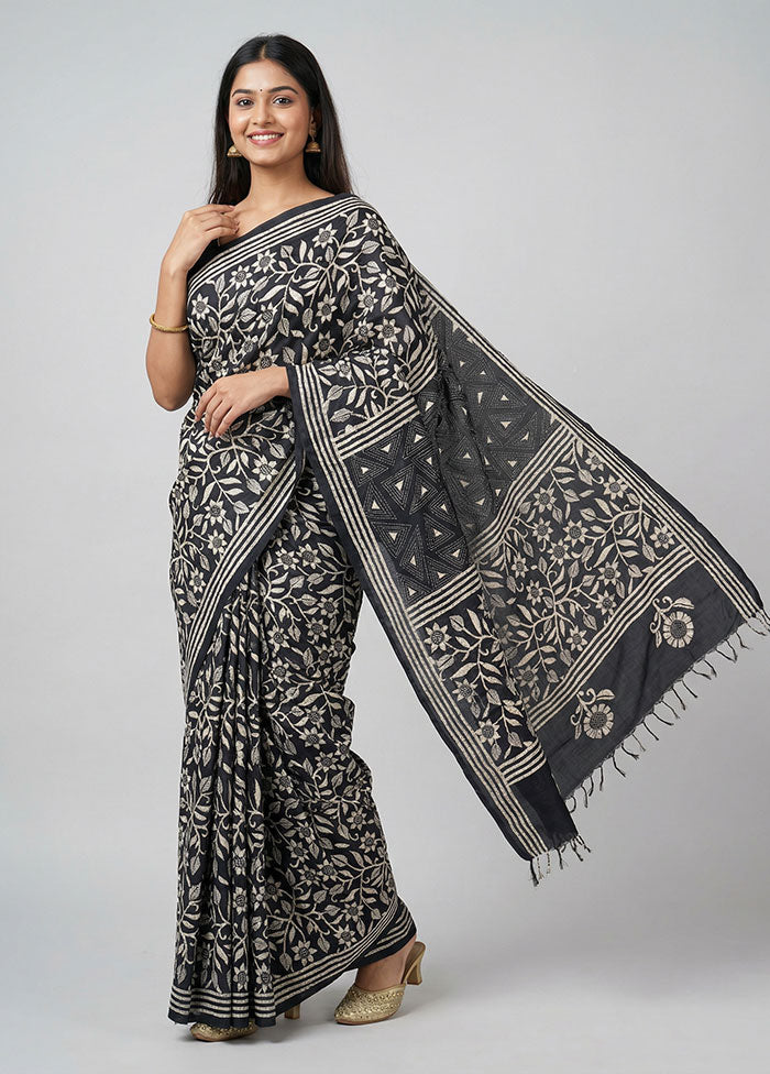 Black Kantha Stitch Silk Saree With Blouse Piece