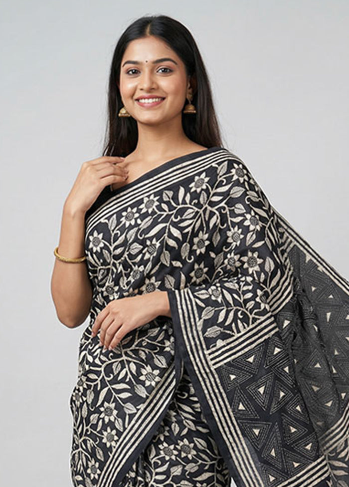 Black Kantha Stitch Silk Saree With Blouse Piece