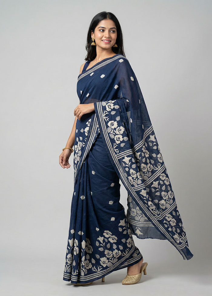 Black Kantha Stitch Silk Saree With Blouse Piece