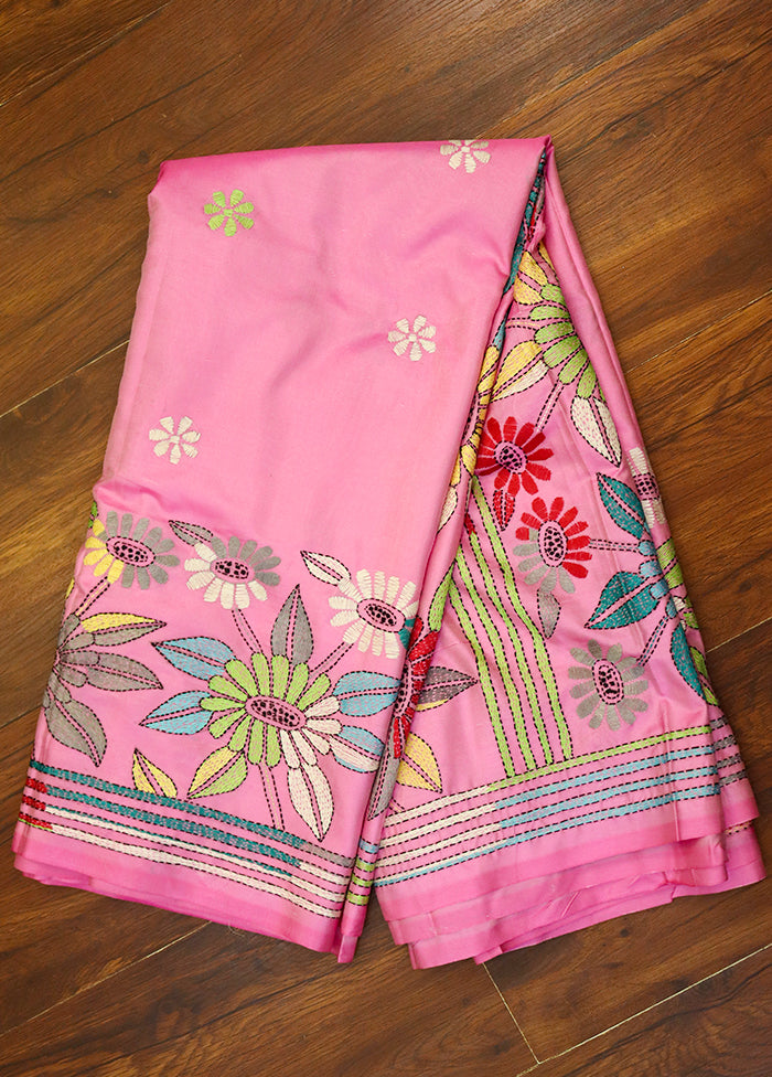 Pink Kantha Stitch Silk Saree With Blouse Piece