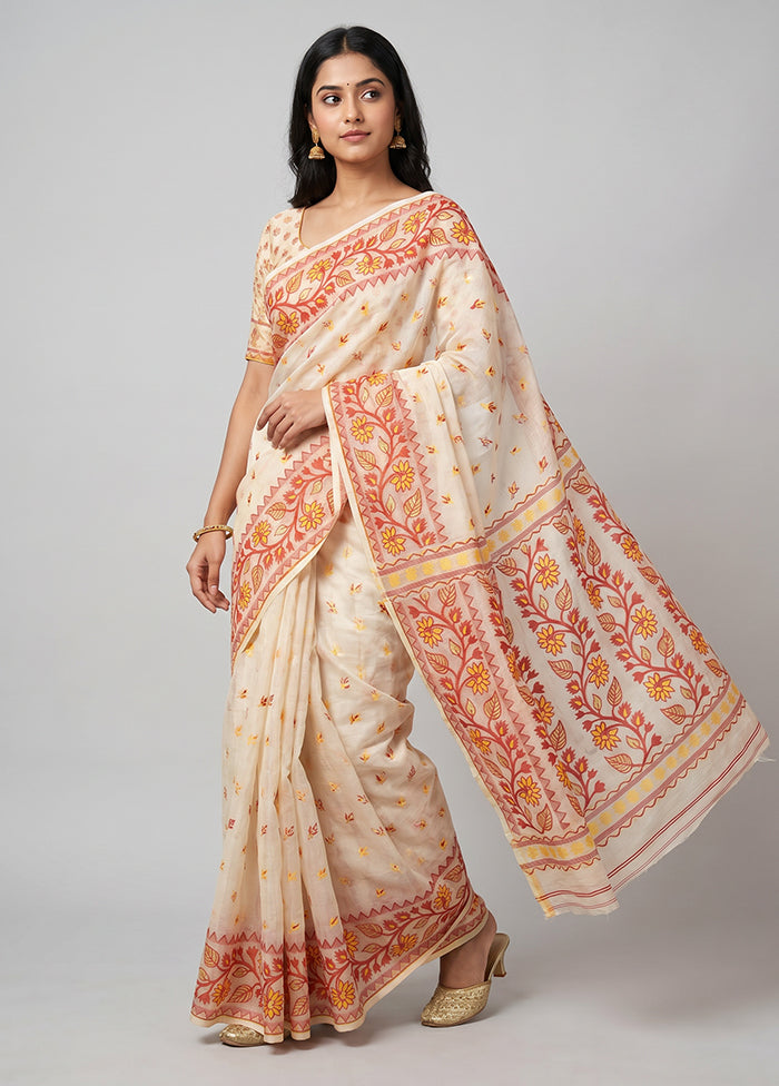 White Jamdani Cotton Saree Without Blouse Piece