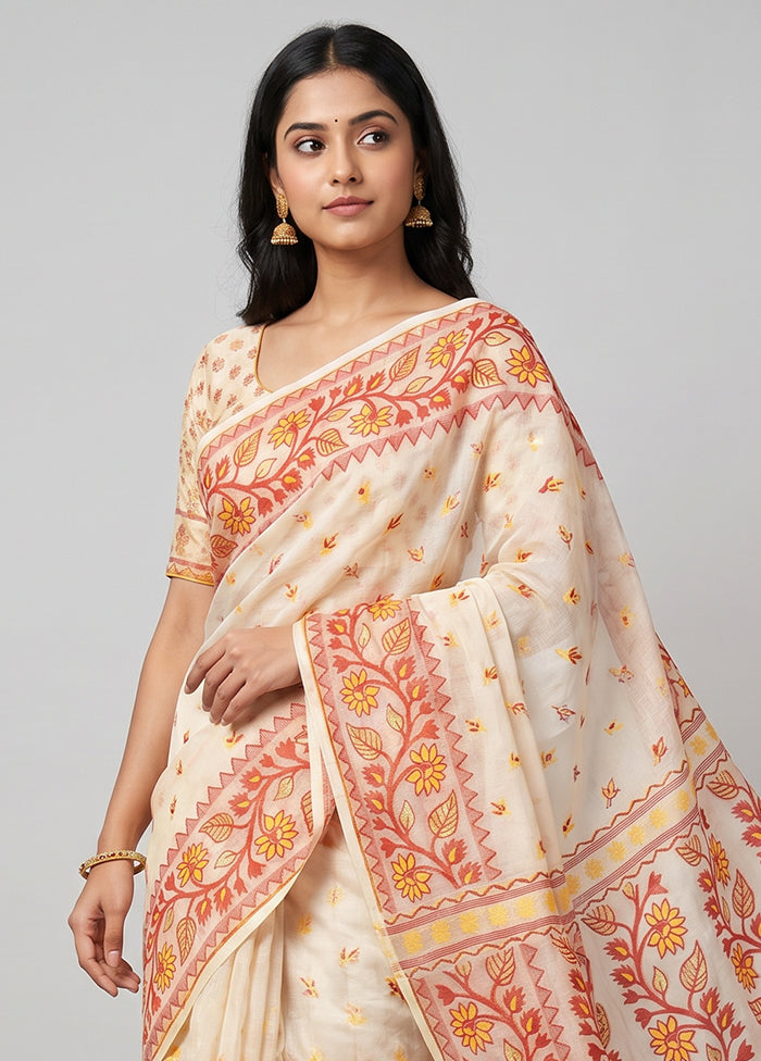 White Jamdani Cotton Saree Without Blouse Piece