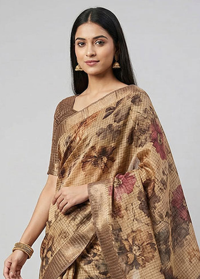 Cream Tussar Silk Saree With Blouse Piece