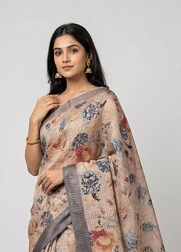 Cream Tussar Silk Saree With Blouse Piece