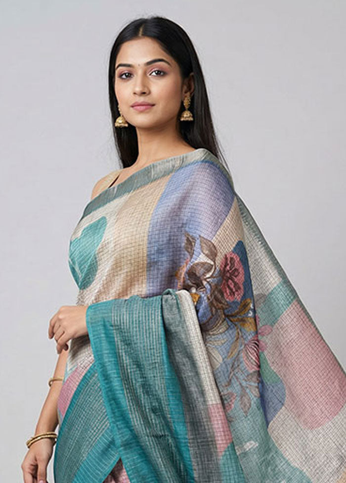 Cream Tussar Silk Saree With Blouse Piece