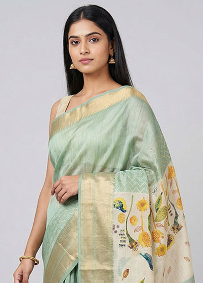 Cream Tussar Silk Saree With Blouse Piece
