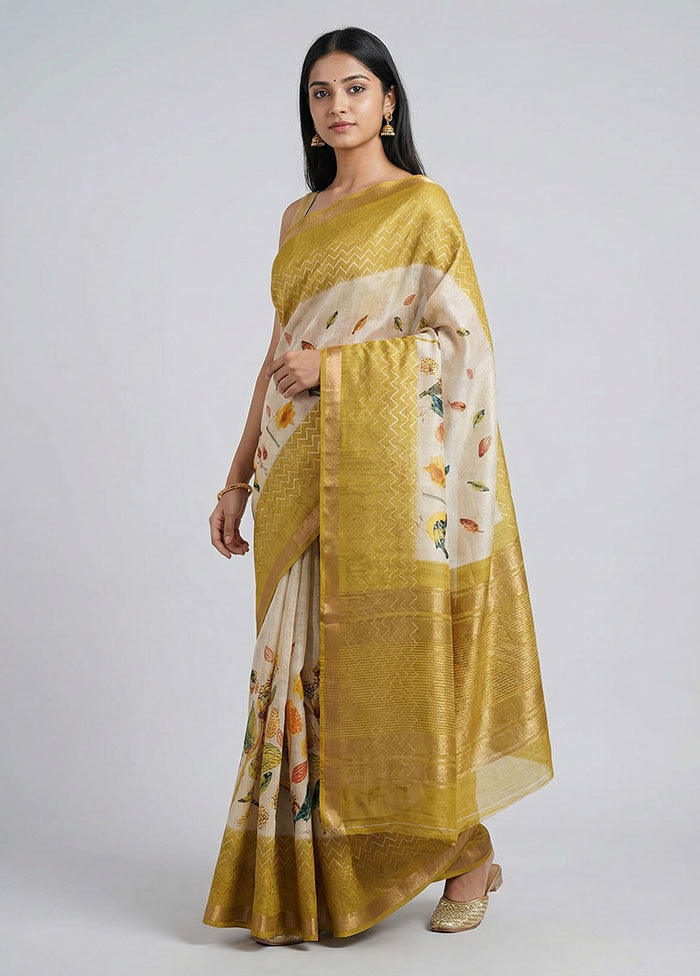 Cream Tussar Silk Saree With Blouse Piece