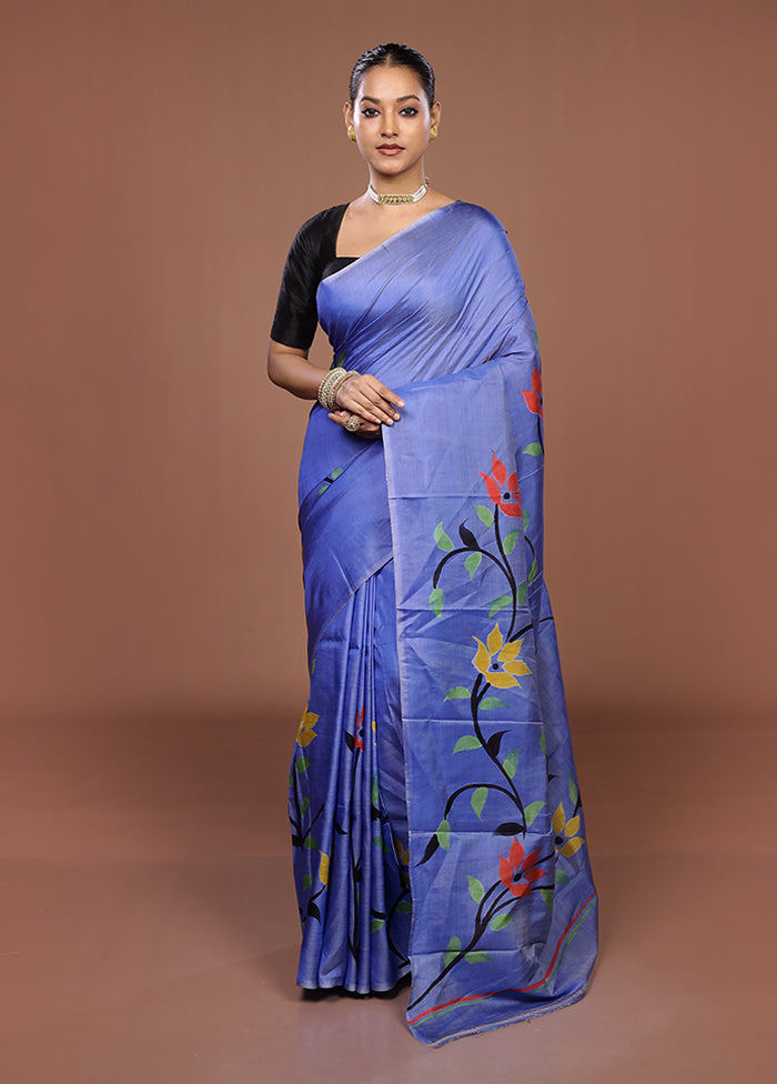 Blue Printed Silk Saree Without Blouse Piece