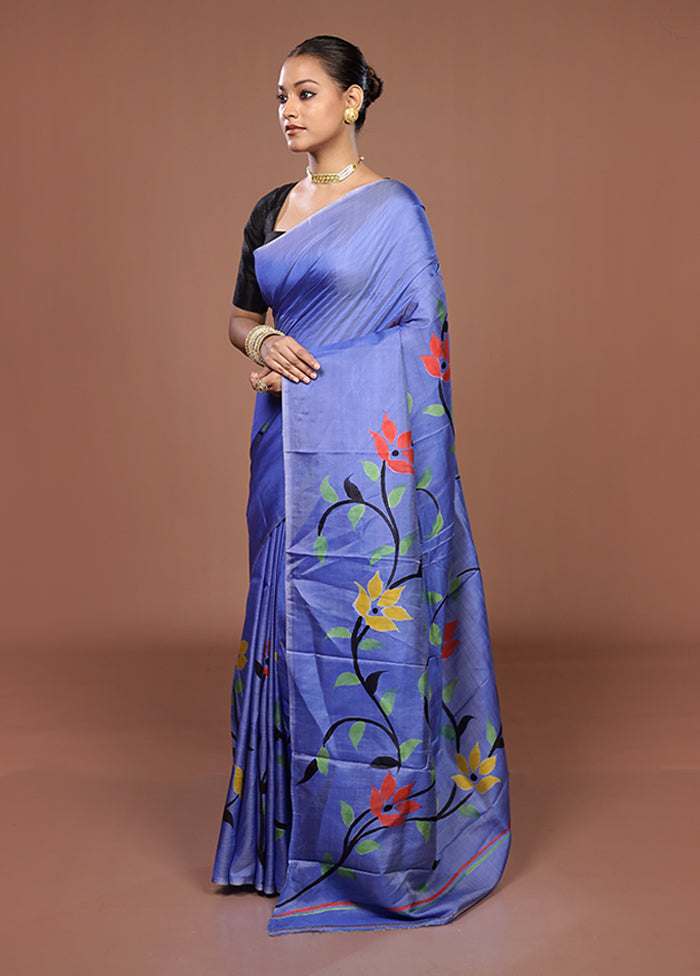 Blue Printed Silk Saree Without Blouse Piece