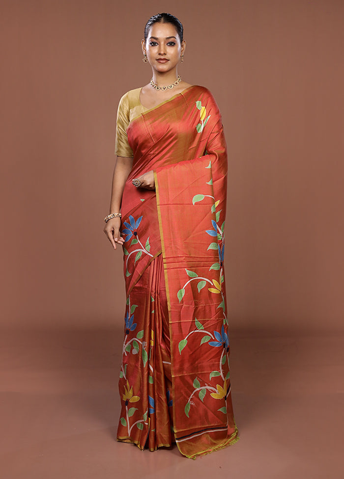 Brown Printed Silk Saree Without Blouse Piece