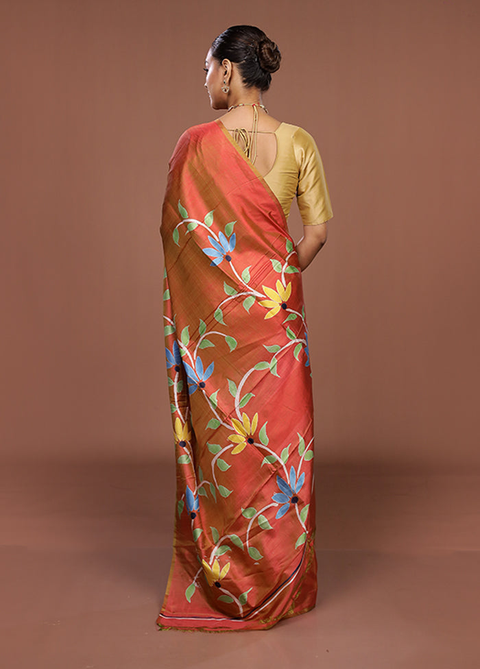 Brown Printed Silk Saree Without Blouse Piece