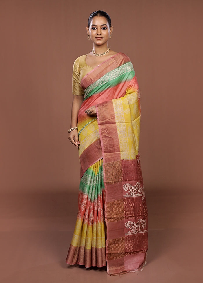 Pink Handloom Tussar Silk Saree With Blouse Piece