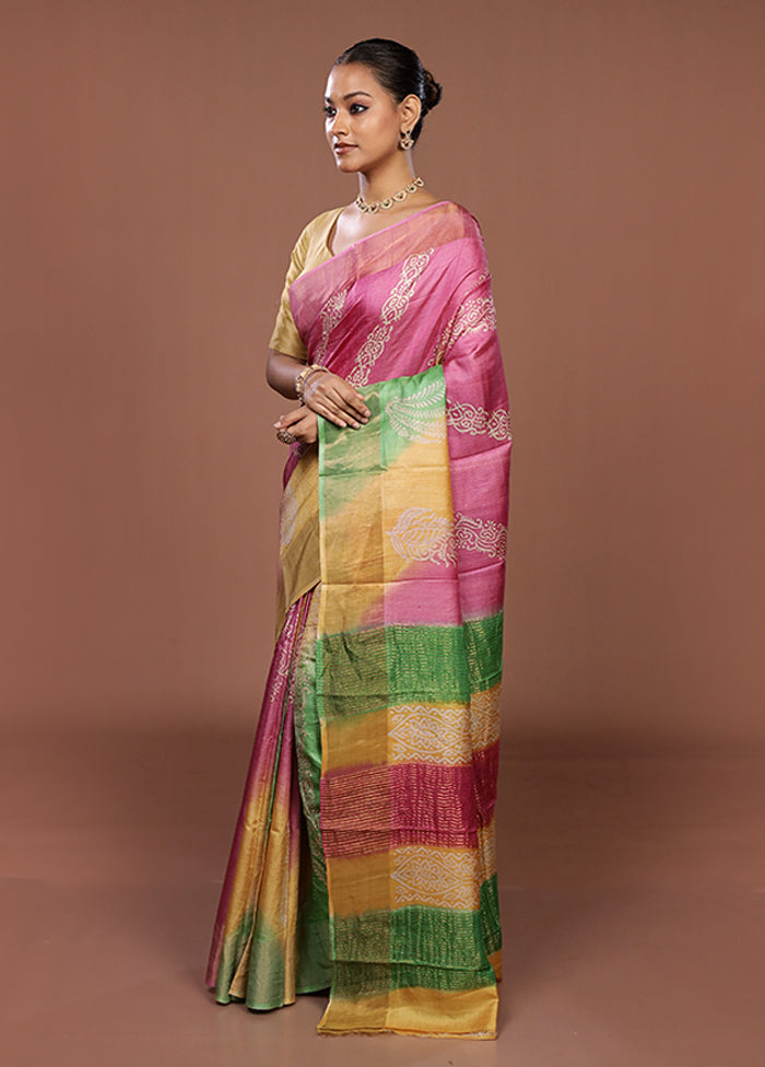 Pink Handloom Tussar Silk Saree With Blouse Piece