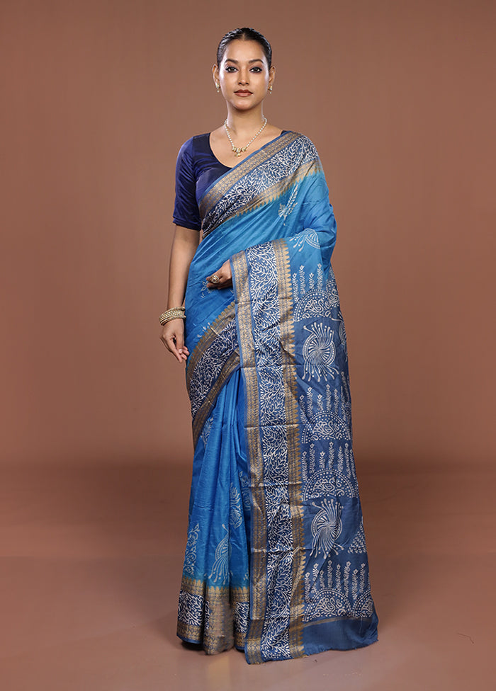 Blue Printed Silk Saree Without Blouse Piece