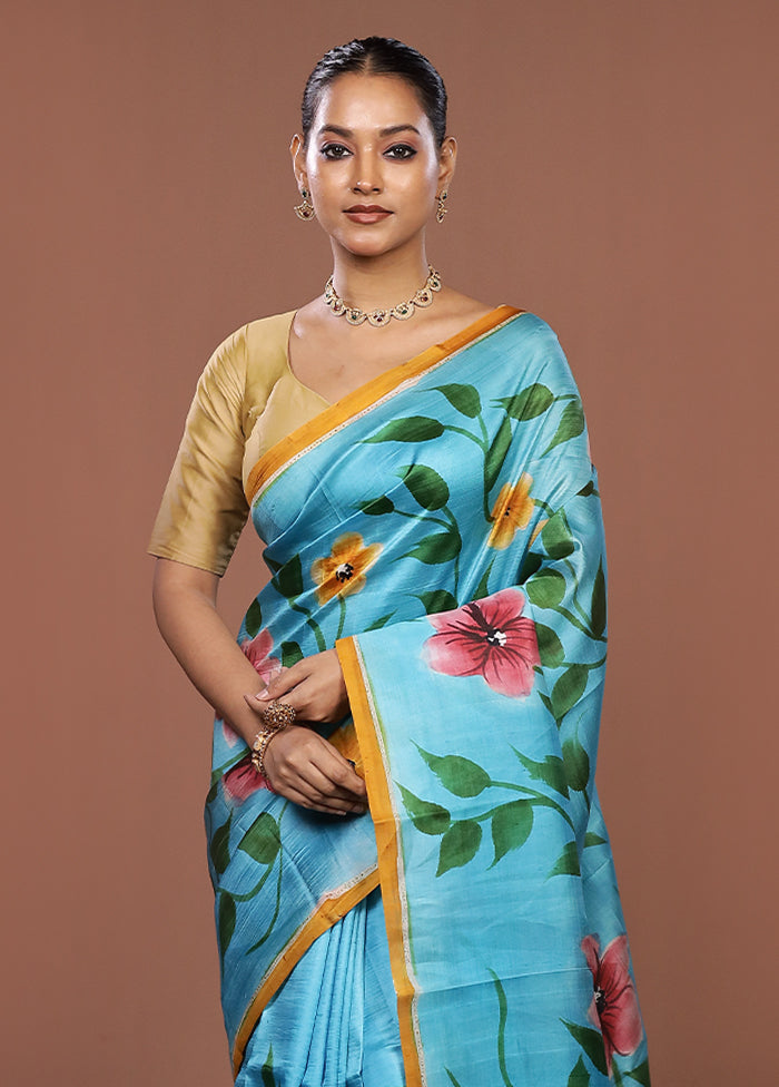 Blue Printed Silk Saree Without Blouse Piece