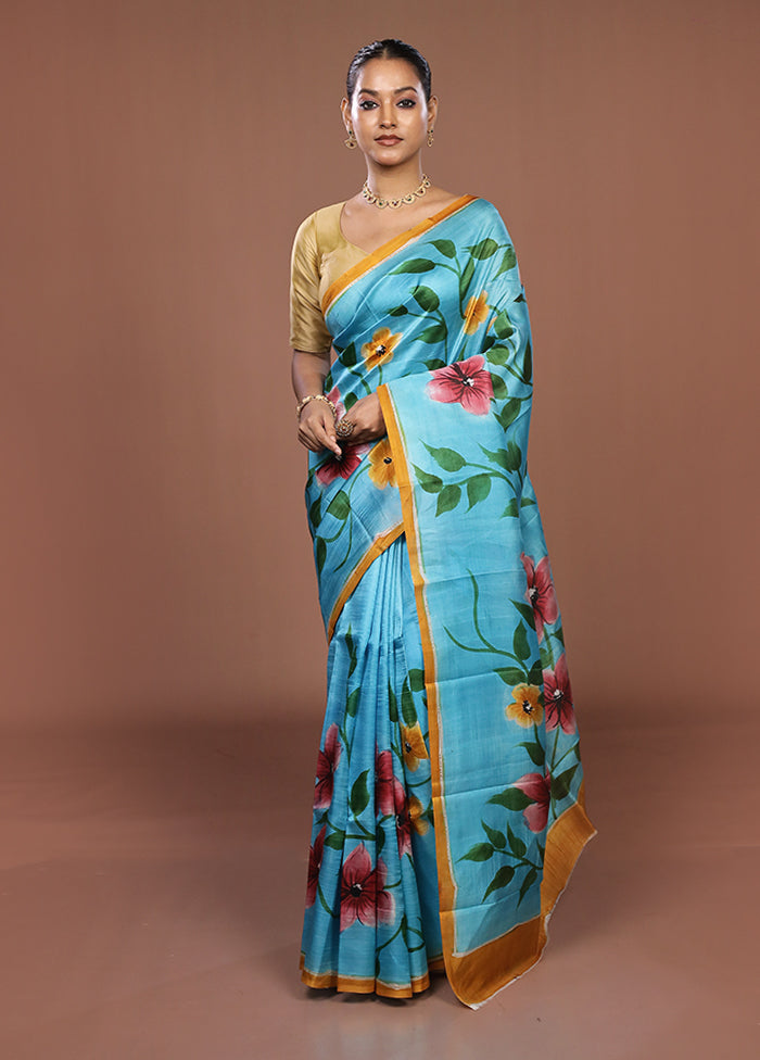 Blue Printed Silk Saree Without Blouse Piece