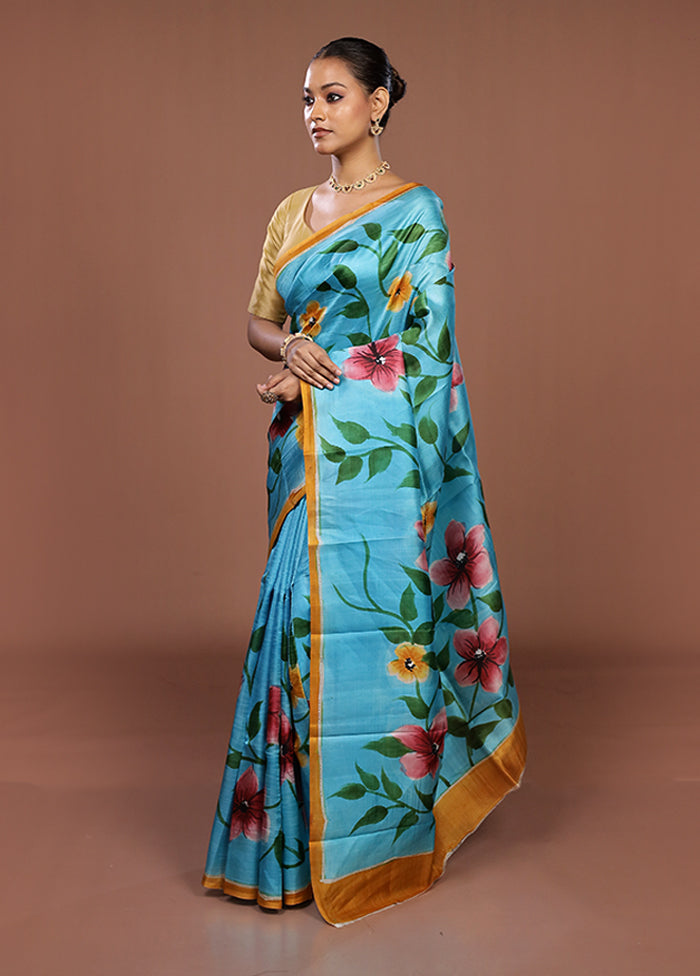 Blue Printed Silk Saree Without Blouse Piece