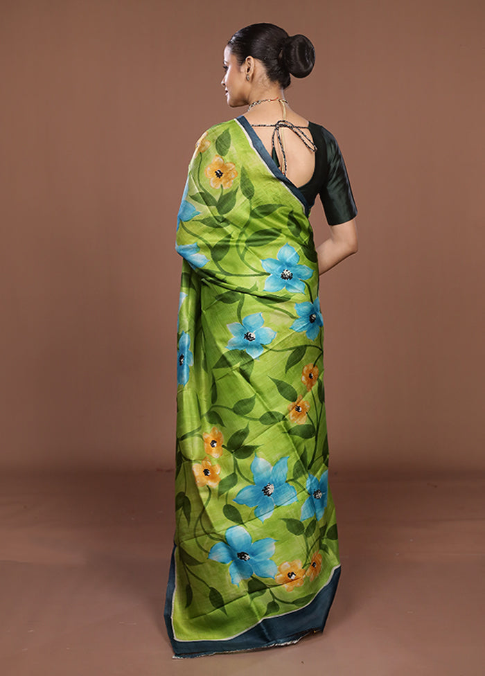 Blue Printed Silk Saree Without Blouse Piece