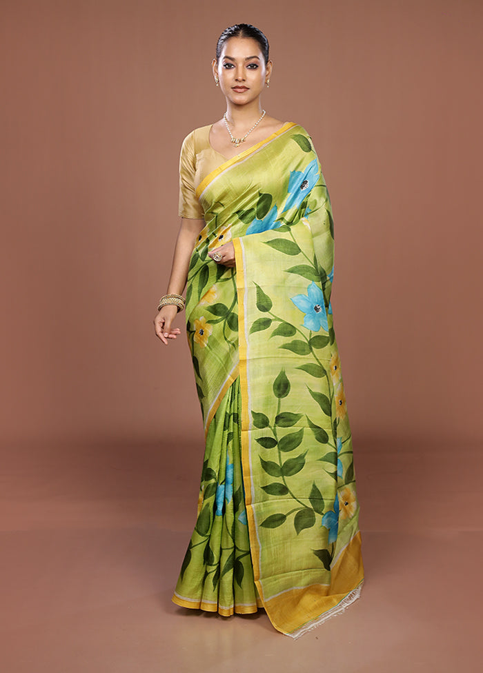 Green Printed Silk Saree Without Blouse Piece