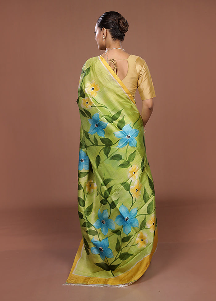 Green Printed Silk Saree Without Blouse Piece