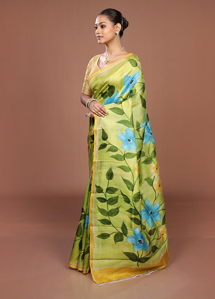 Green Printed Silk Saree Without Blouse Piece