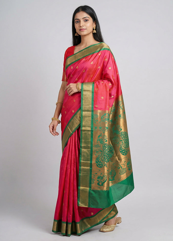 Pink Kanjivaram Silk Saree With Blouse Piece