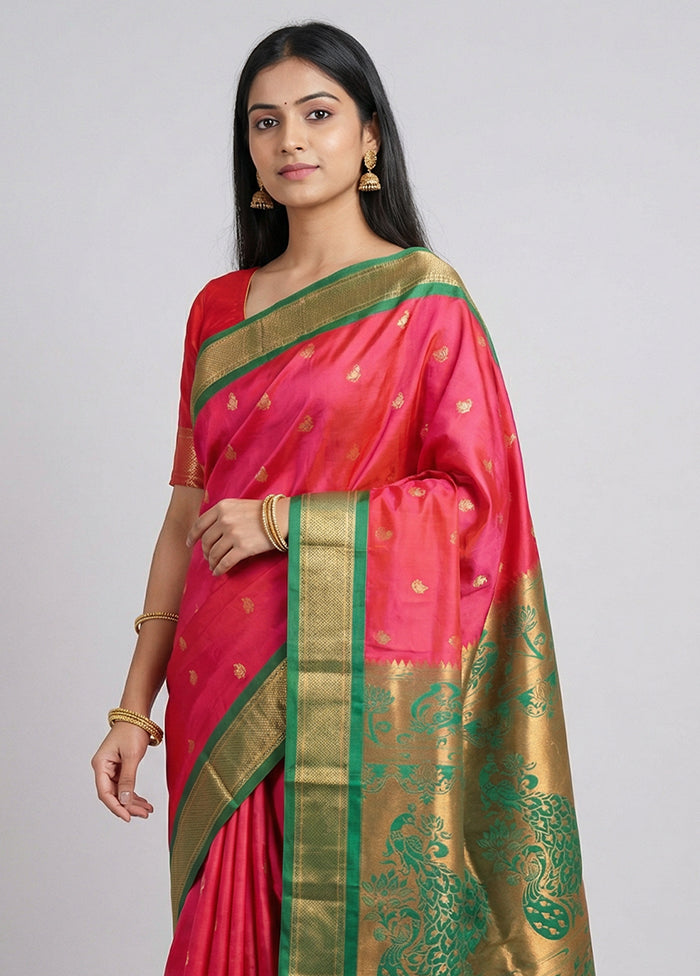 Pink Kanjivaram Silk Saree With Blouse Piece