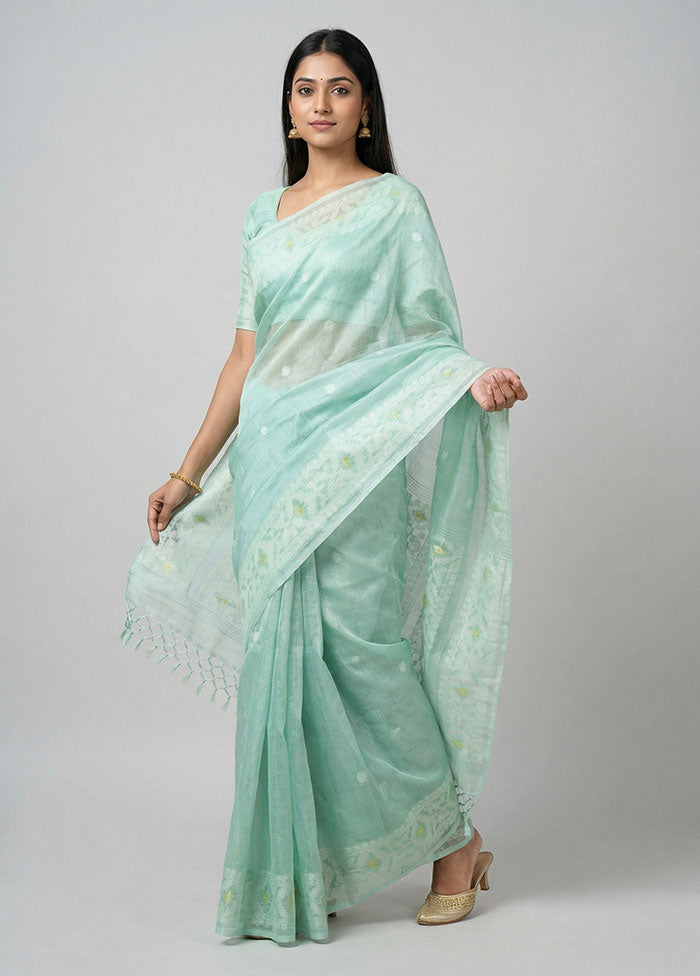 Green Handloom Tussar Pure Silk Saree With Blouse Piece