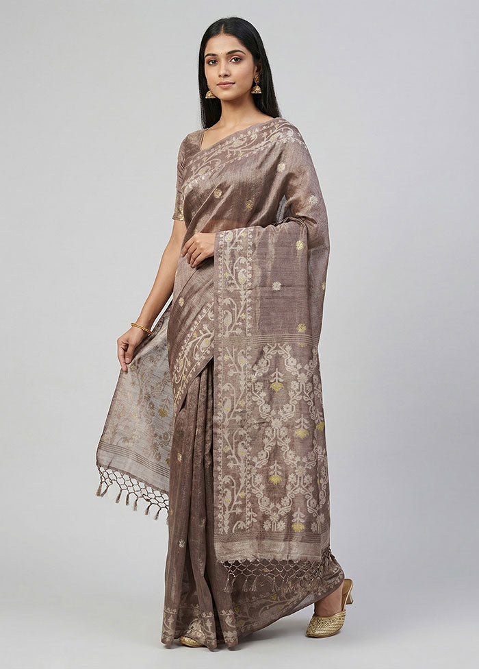 Grey Handloom Tussar Pure Silk Saree With Blouse Piece