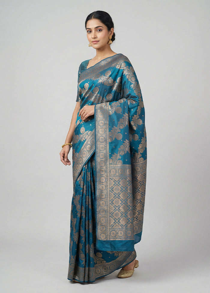 Blue Dupion Silk Saree With Blouse Piece