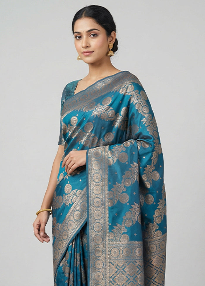 Blue Dupion Silk Saree With Blouse Piece