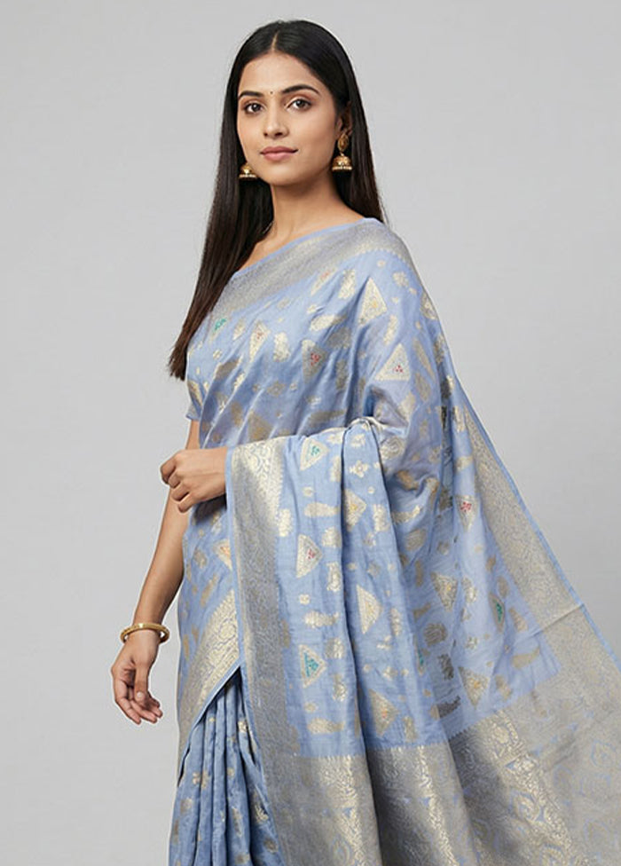 Blue Dupion Silk Saree With Blouse Piece