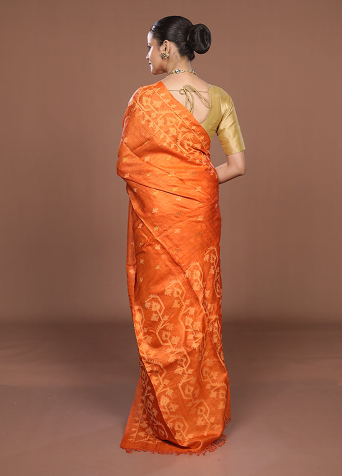 Orange Handloom Tussar Silk Saree With Blouse Piece