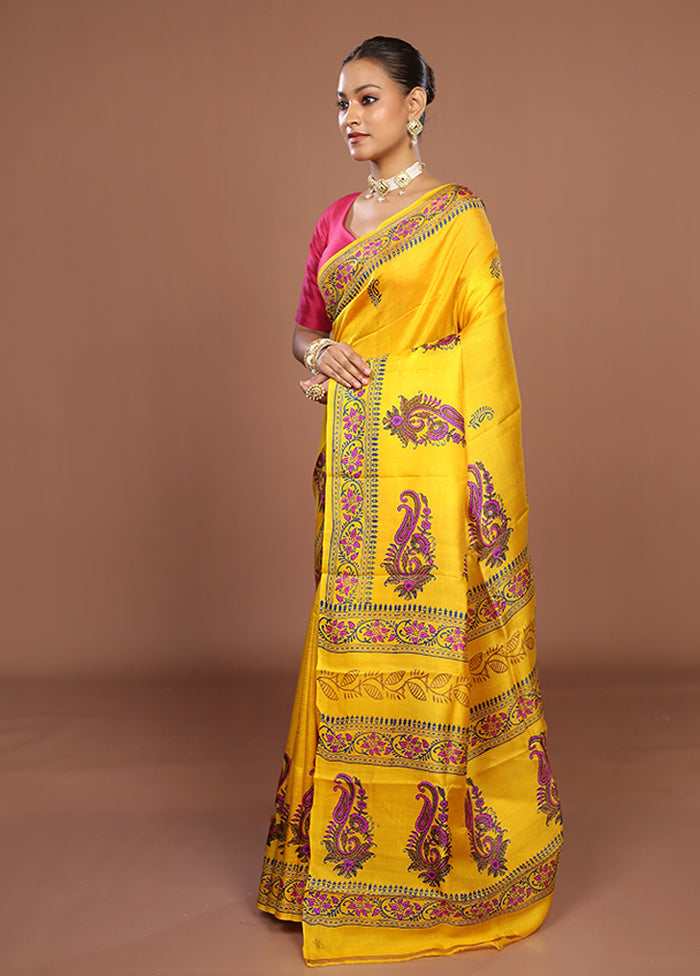Yellow Printed Silk Saree Without Blouse Piece