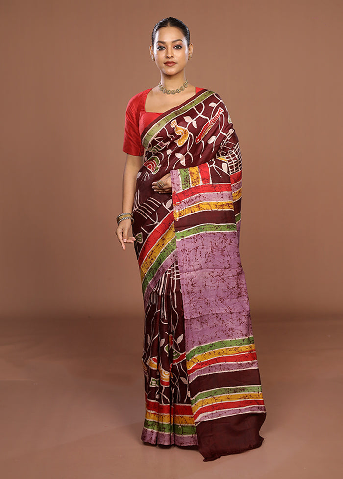 Maroon Printed Silk Saree Without Blouse Piece