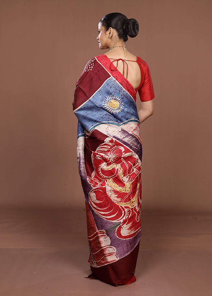 Purple Printed Silk Saree Without Blouse Piece
