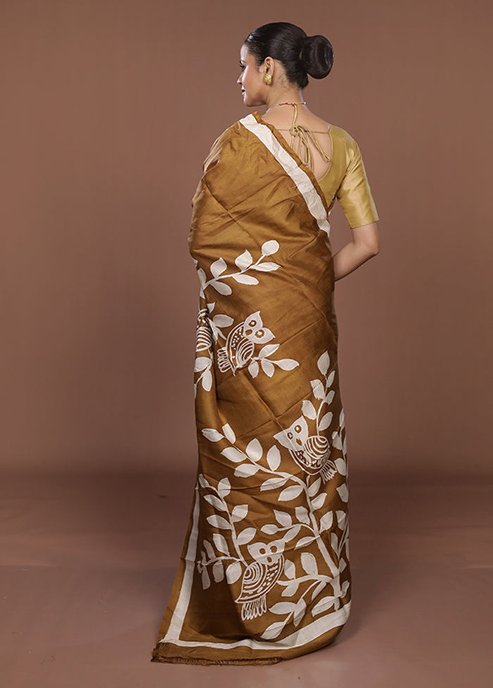 Cream Printed Silk Saree Without Blouse Piece